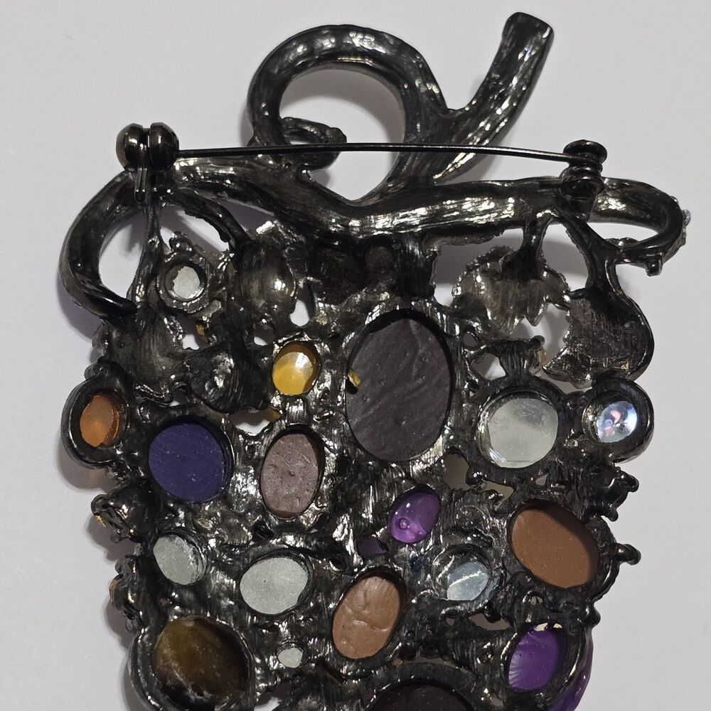 Vintage Style Grape Cluster Brooch Pin Multi-Color Rhinestone Jewels Dark Tone